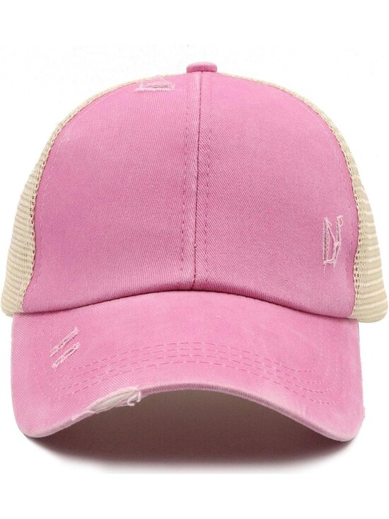 〽️Women Distressed Pink High Ponytail Baseball Trucker Bad Hair Day Adjustable main image 7